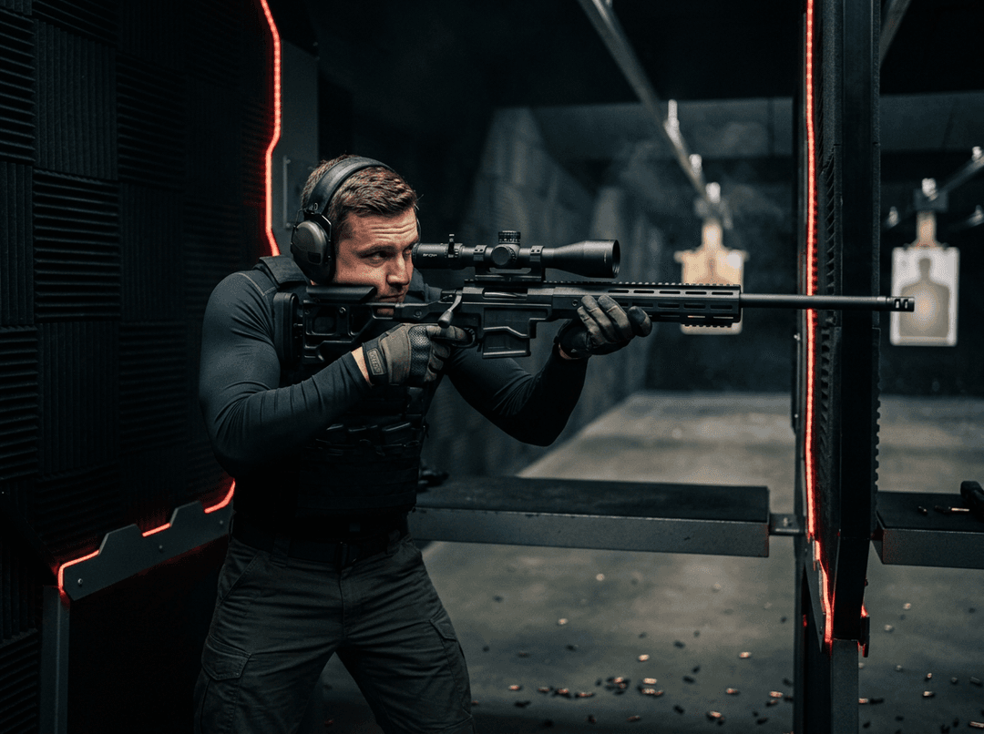 Zawodniczka z karabinem na strzelnicy — analiza skupienia strzałów