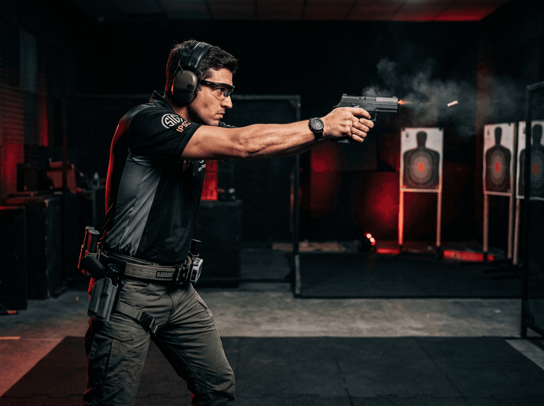 Trening pistoletowy na strzelnicy — zawodniczka przy stanowisku strzeleckim