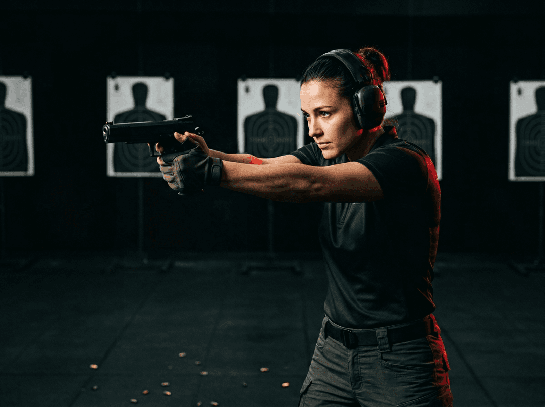 Zawodniczka na strzelnicy sportowej celująca w tarcze okrągłe — strzelectwo sportowe