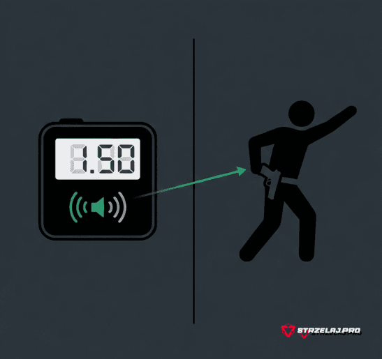 Trening dry fire z shot timerem — par time 1.50s, strzelec wyciąga broń z kabury na sygnał
