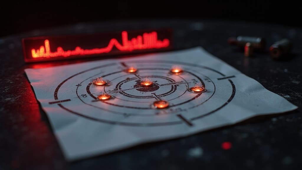 Tarcza strzelecka z czerwonymi punktami trafień i wykresem wyników — analiza progresu