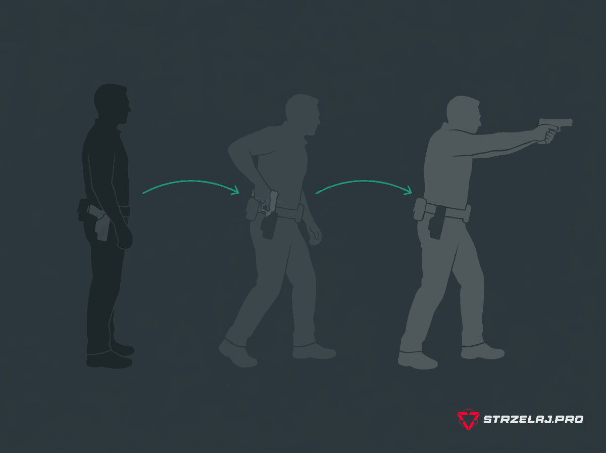 Prezentacja broni z kabury — trzy fazy wydobycia pistoletu w treningu dry fire