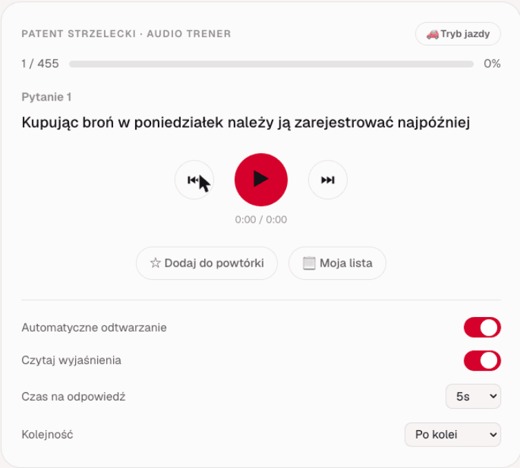 Ekran Audio Trenera: pytanie, odtwarzacz i ustawienia