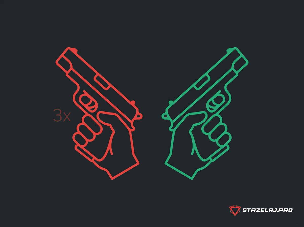 Ćwiczenie strzelania jednoręcznego — porównanie słabej ręki (3x więcej powtórzeń) i dominującej w dry fire