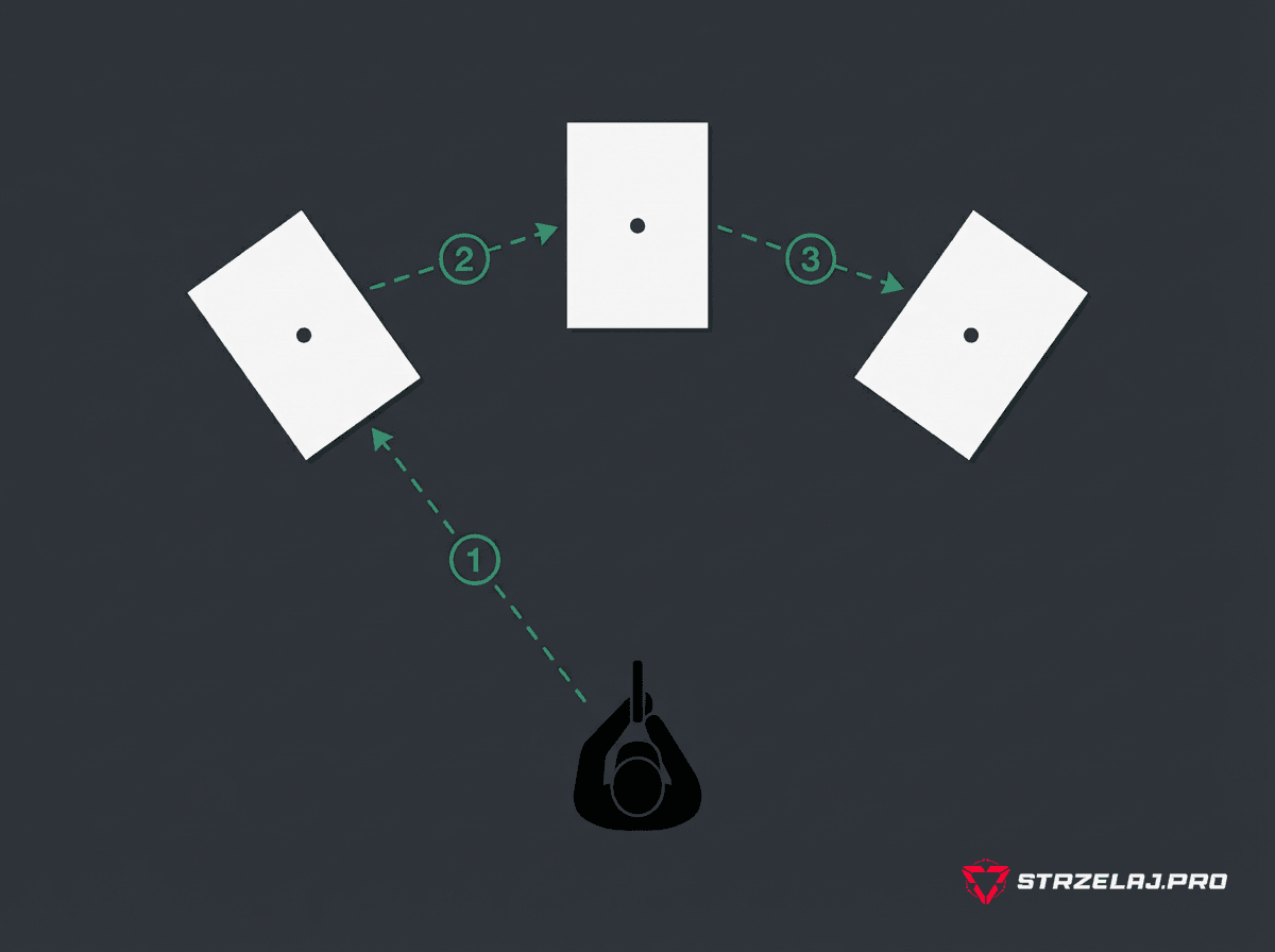 Ćwiczenie target transition — schemat przechodzenia między trzema celami z pistoletem, widok z góry
