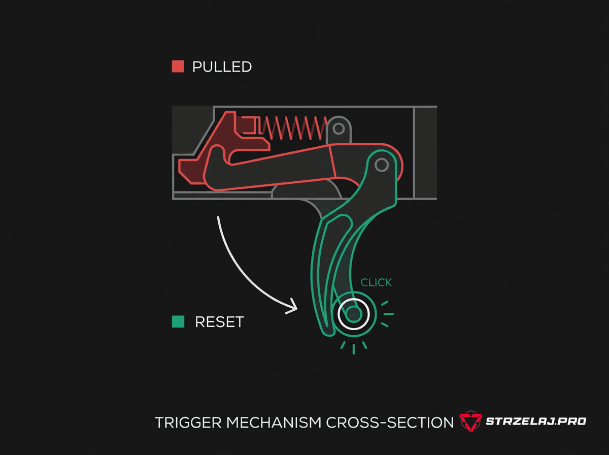 Schemat mechanizmu spustowego pistoletu — pozycja pociągnięta i punkt resetu spustu (click)