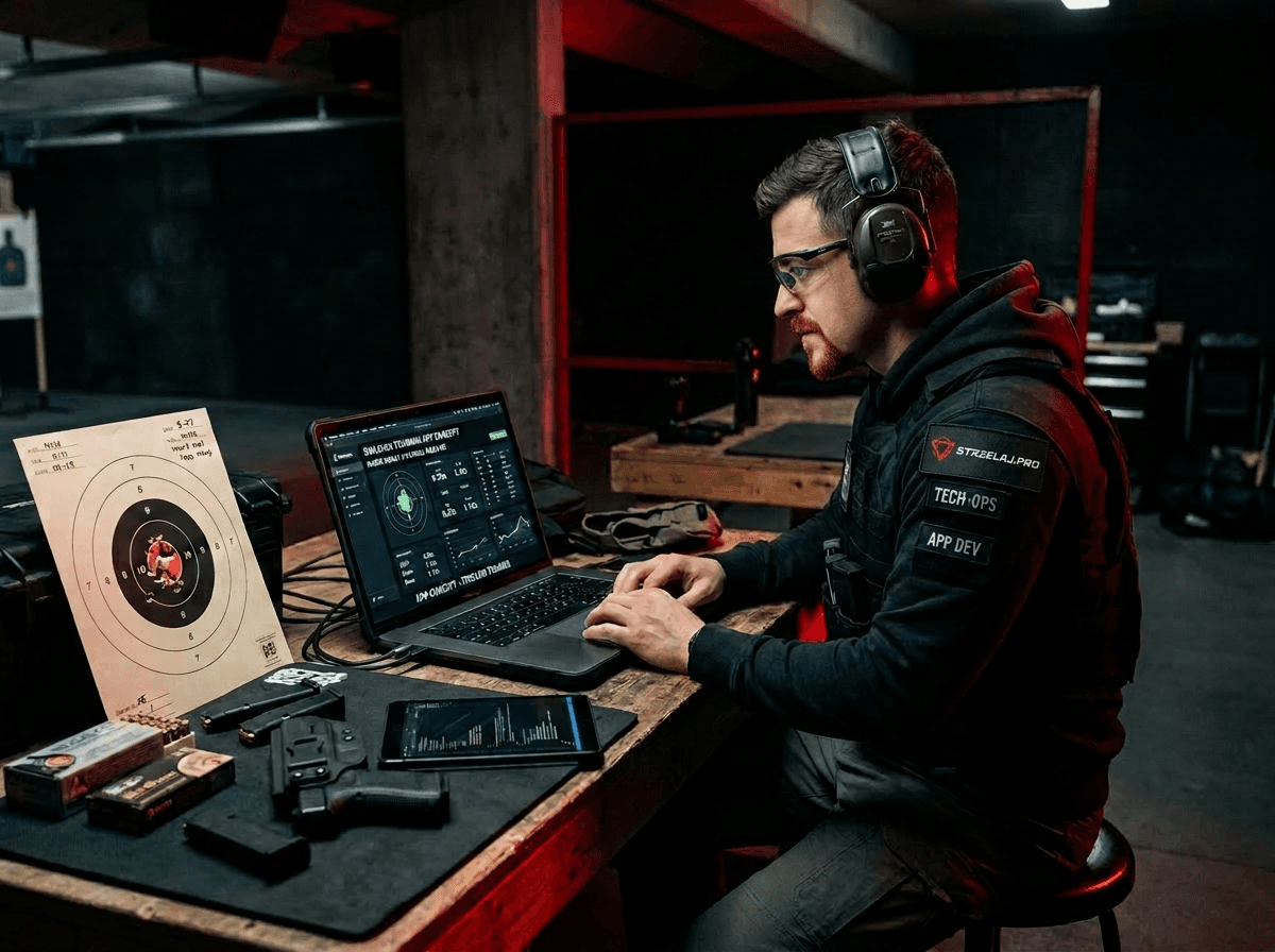 Twórca StrzelajPRO przy laptopie na strzelnicy