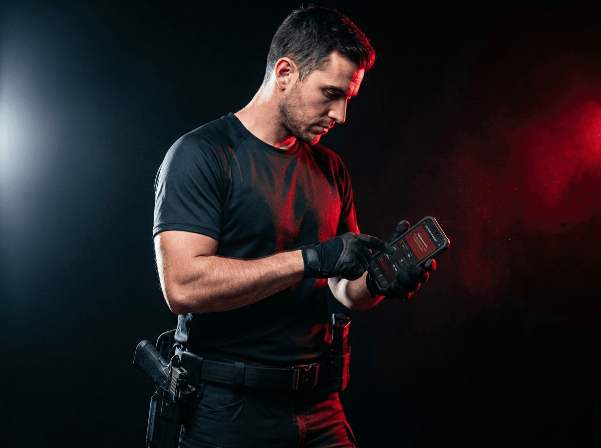 Strzelec ze smartfonem i wykresem progresu